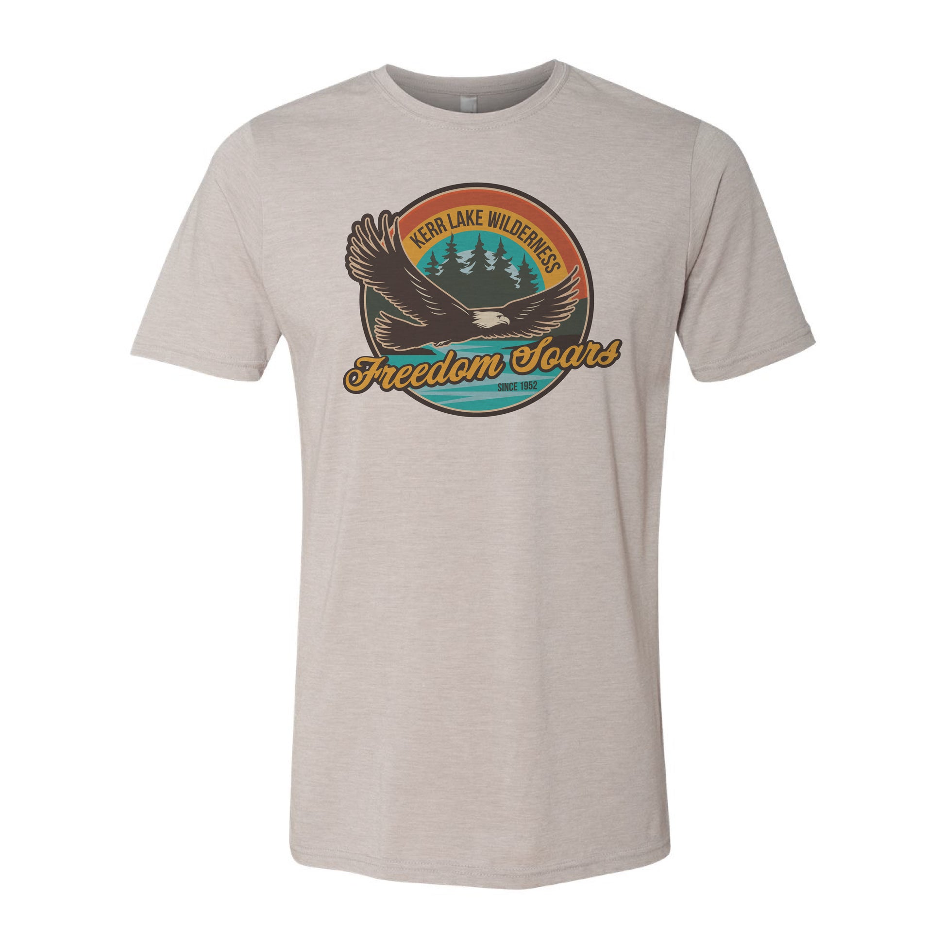 Beige t-shirt with a graphic design featuring an eagle and Kerr Lake Wilderness on a white background