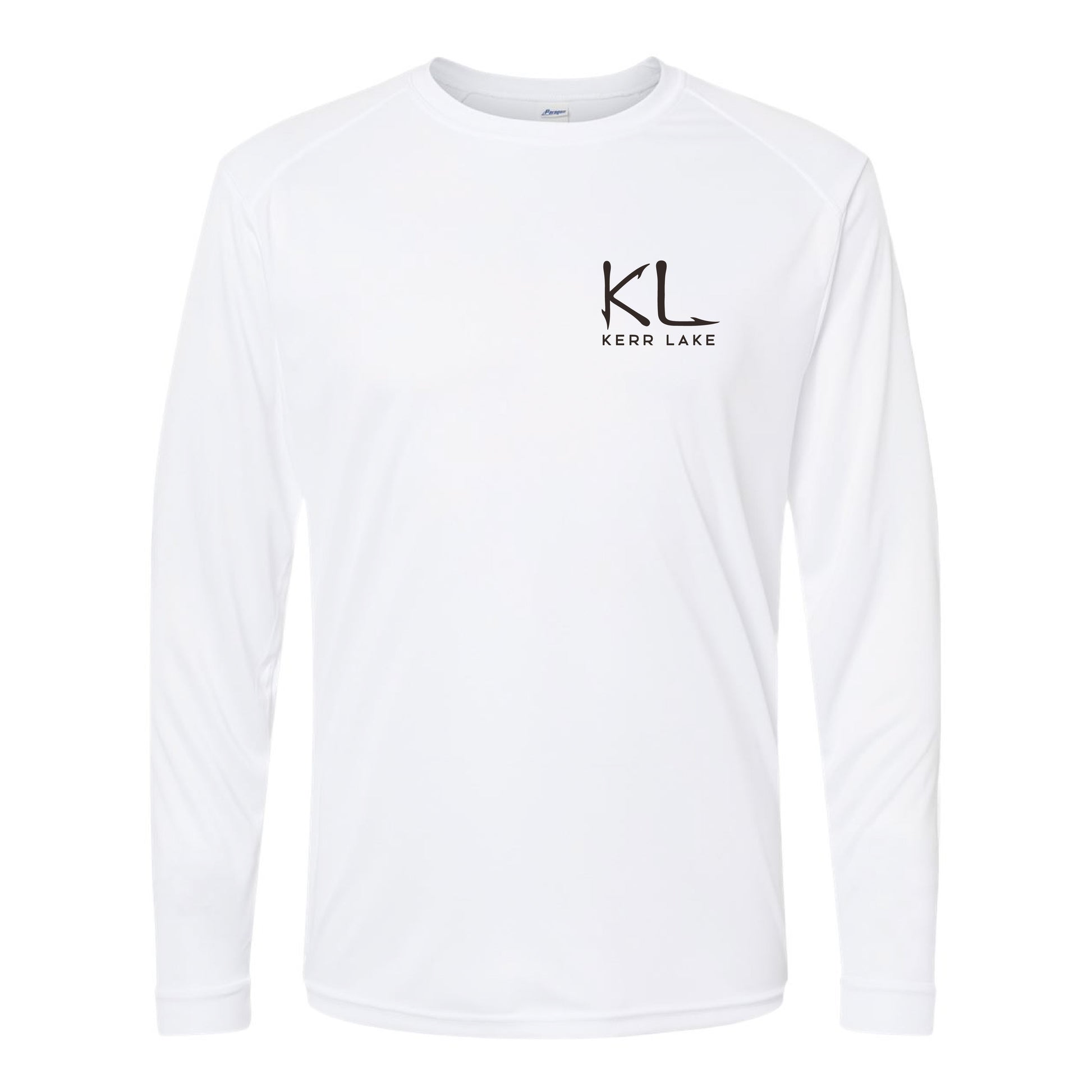 White long-sleeve shirt with 'KL Kerr Lake' logo on a white background