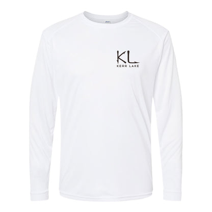 White long-sleeve shirt with 'KL Kerr Lake' logo on a white background