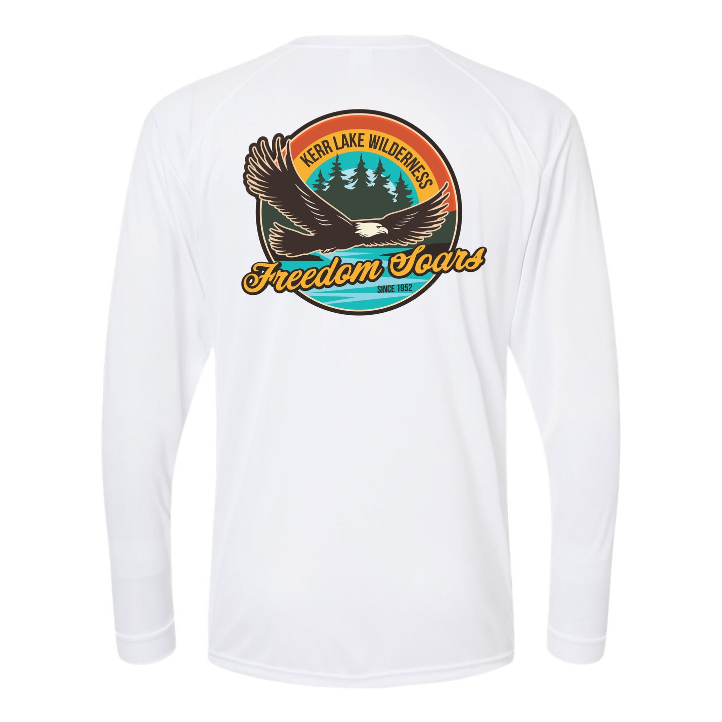 White long-sleeve shirt with an eagle graphic, Kerr Lake and 'Freedom Soars' text on a white background