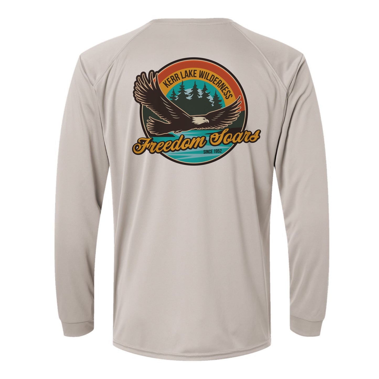 Beige long-sleeve shirt with an eagle graphic and Kerr Lake on a white background