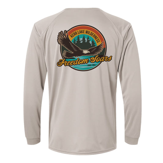 Beige long-sleeve shirt with an eagle graphic and Kerr Lake on a white background