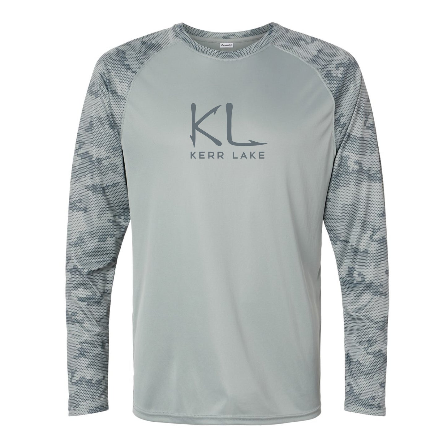 Gray long-sleeve shirt with camouflage sleeves and Kerr Lake logo on a white background