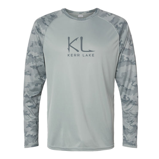 Gray long-sleeve shirt with camouflage sleeves and Kerr Lake logo on a white background