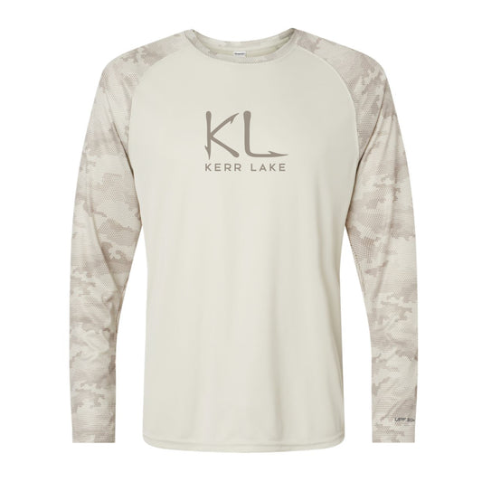 Beige long-sleeve shirt with camouflage sleeves and Kerr Lake logo on a white background