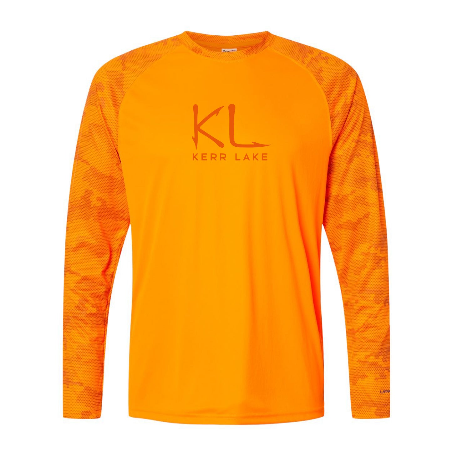 Orange long-sleeve shirt with 'Kerr Lake' logo on a white background
