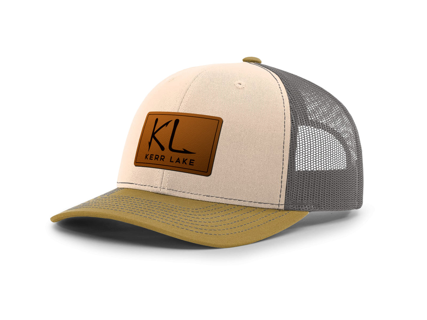 Trucker hat with brown leather patch featuring 'KL' Kerr Lake logo on a white background