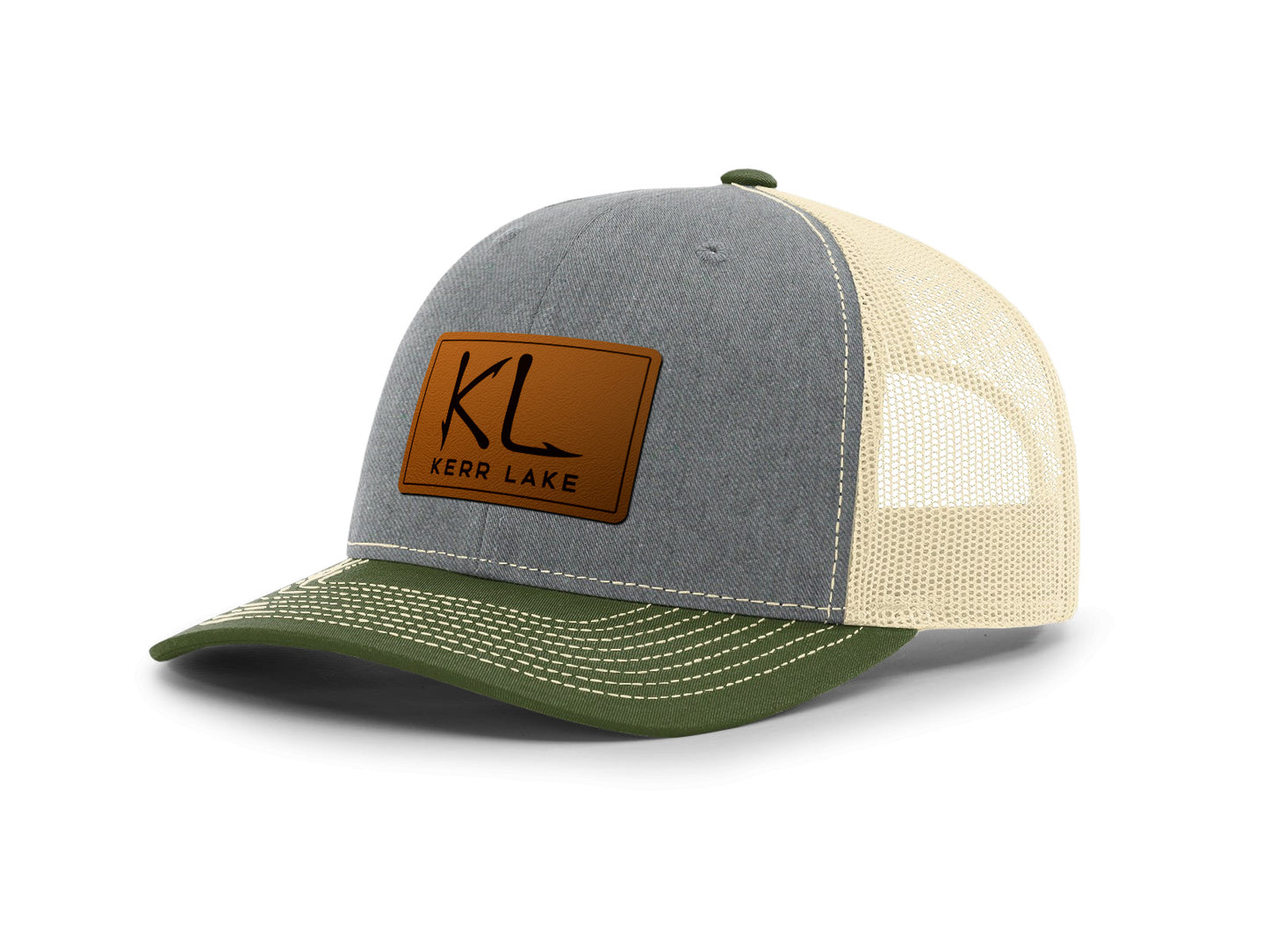 Gray and beige cap with a brown leather patch featuring 'KL' Kerr Lake on a white background