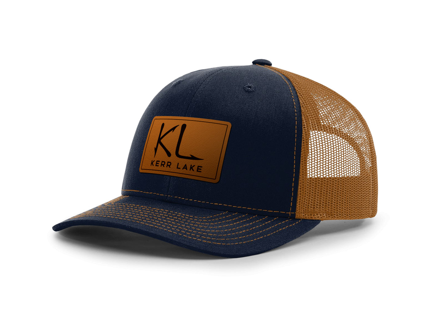 Navy and brown cap with a Kerr Lake leather patch on a white background