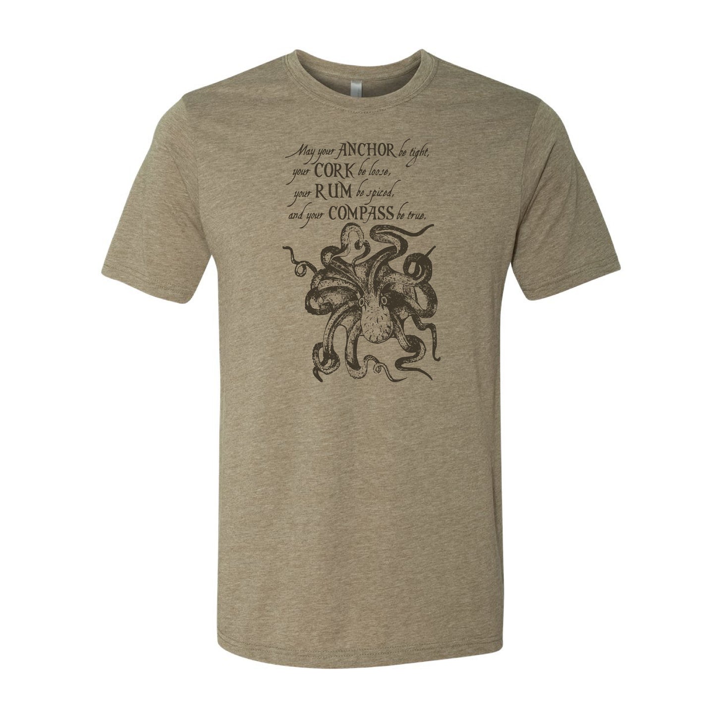 Brown t-shirt with kraken design and text on a white background