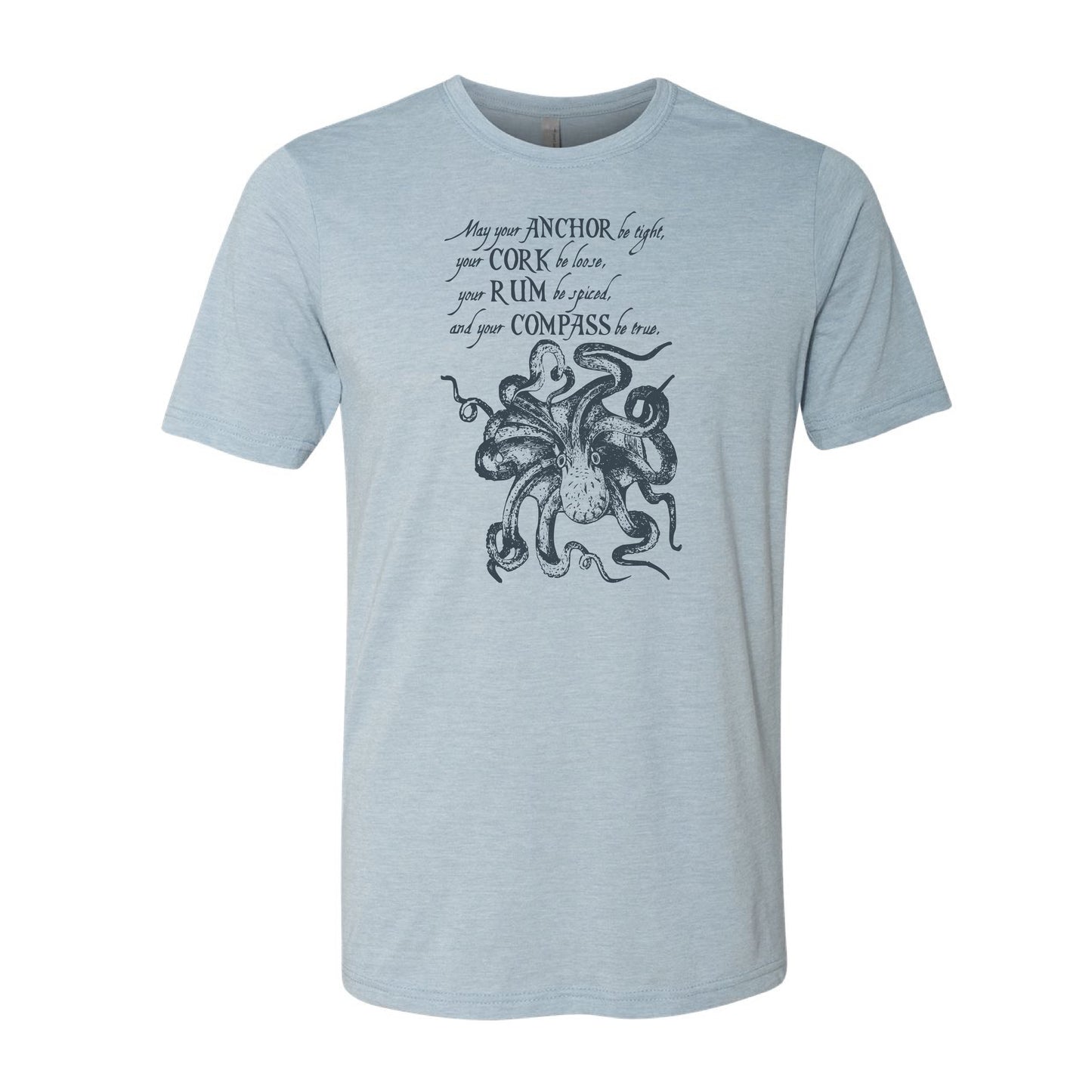 Light blue t-shirt with black kraken design and text on a white background