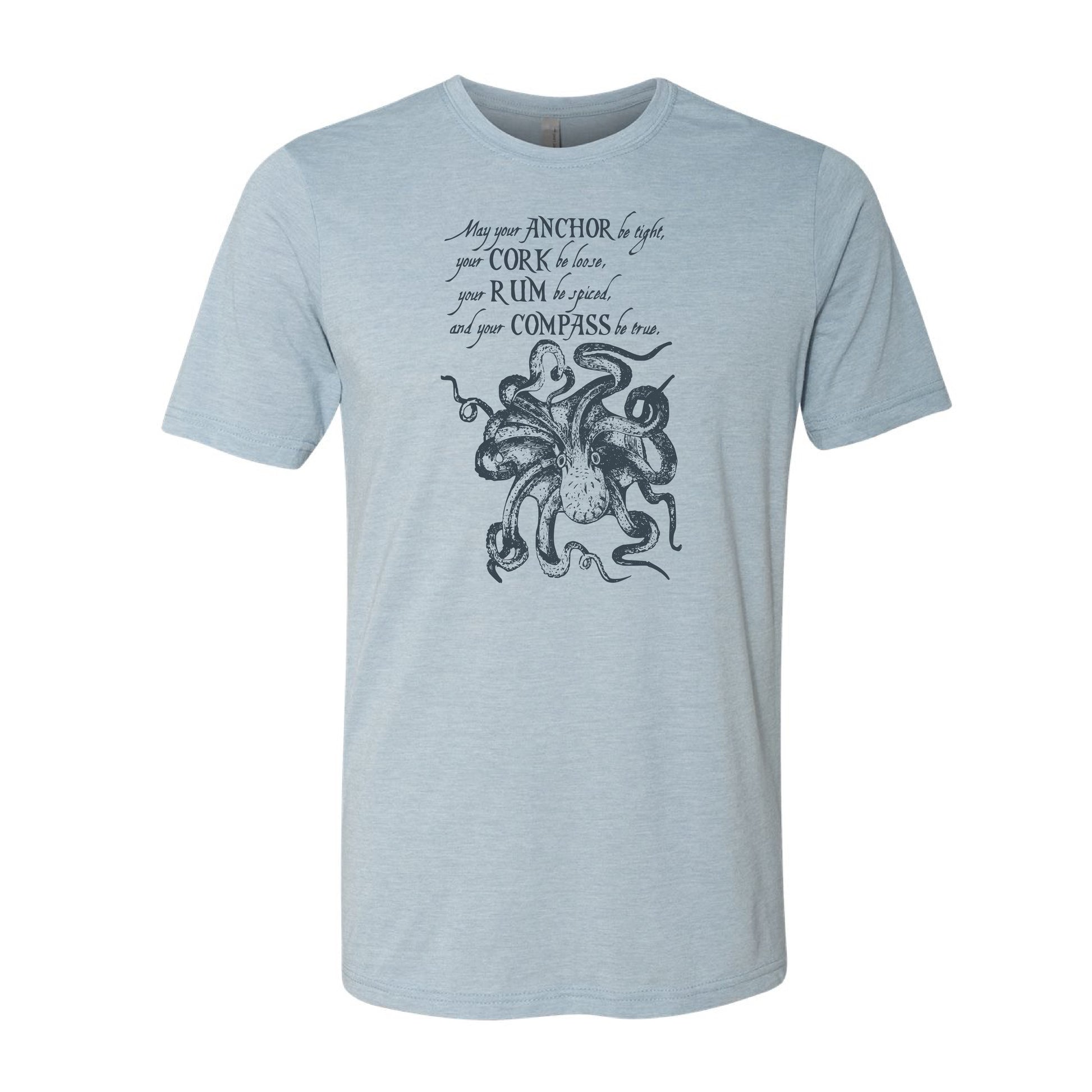 Light blue t-shirt with black kraken design and text on a white background