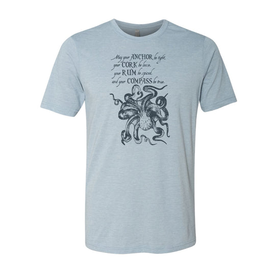 Light blue t-shirt with black kraken design and text on a white background