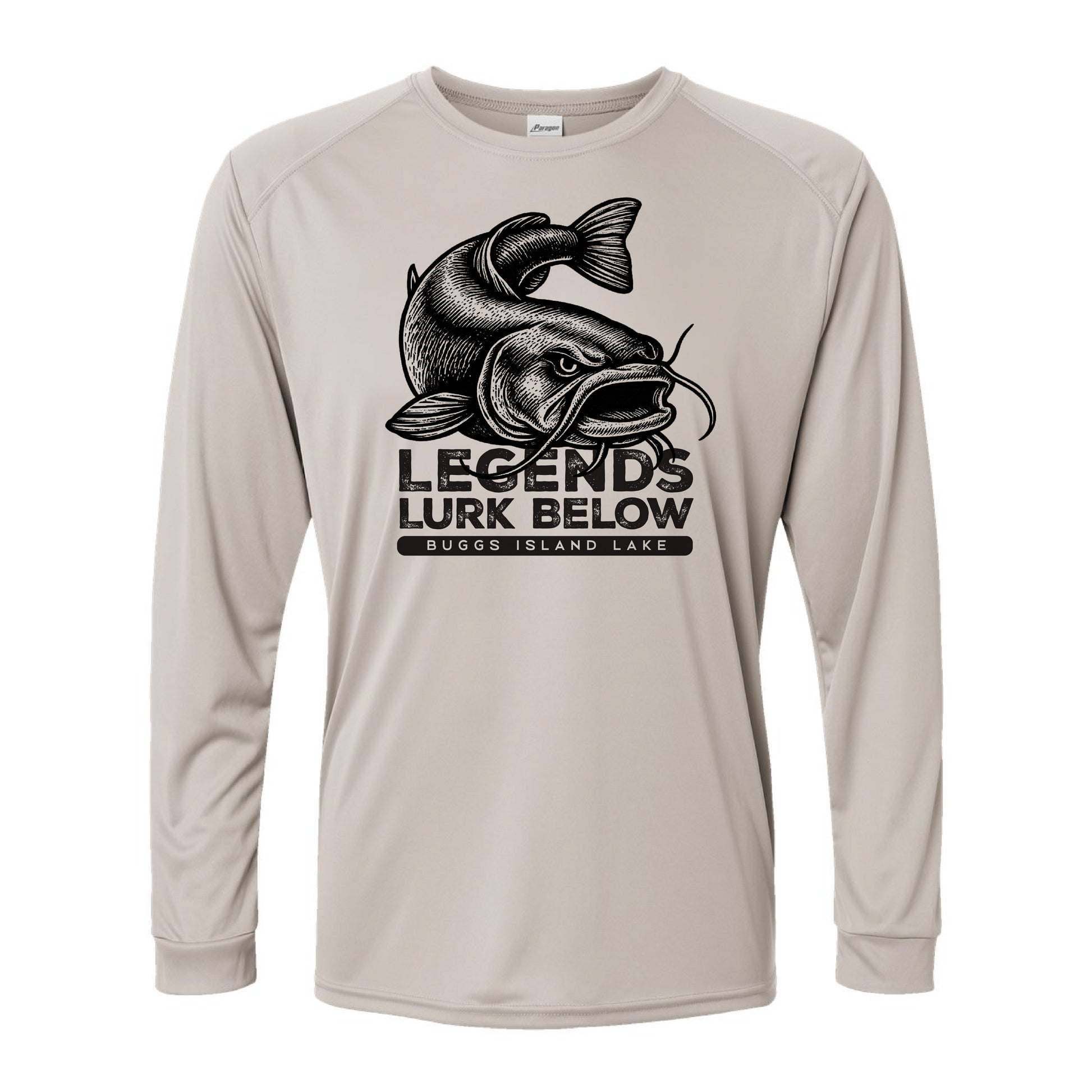Beige long-sleeve shirt with catfish graphic and text on a white background
