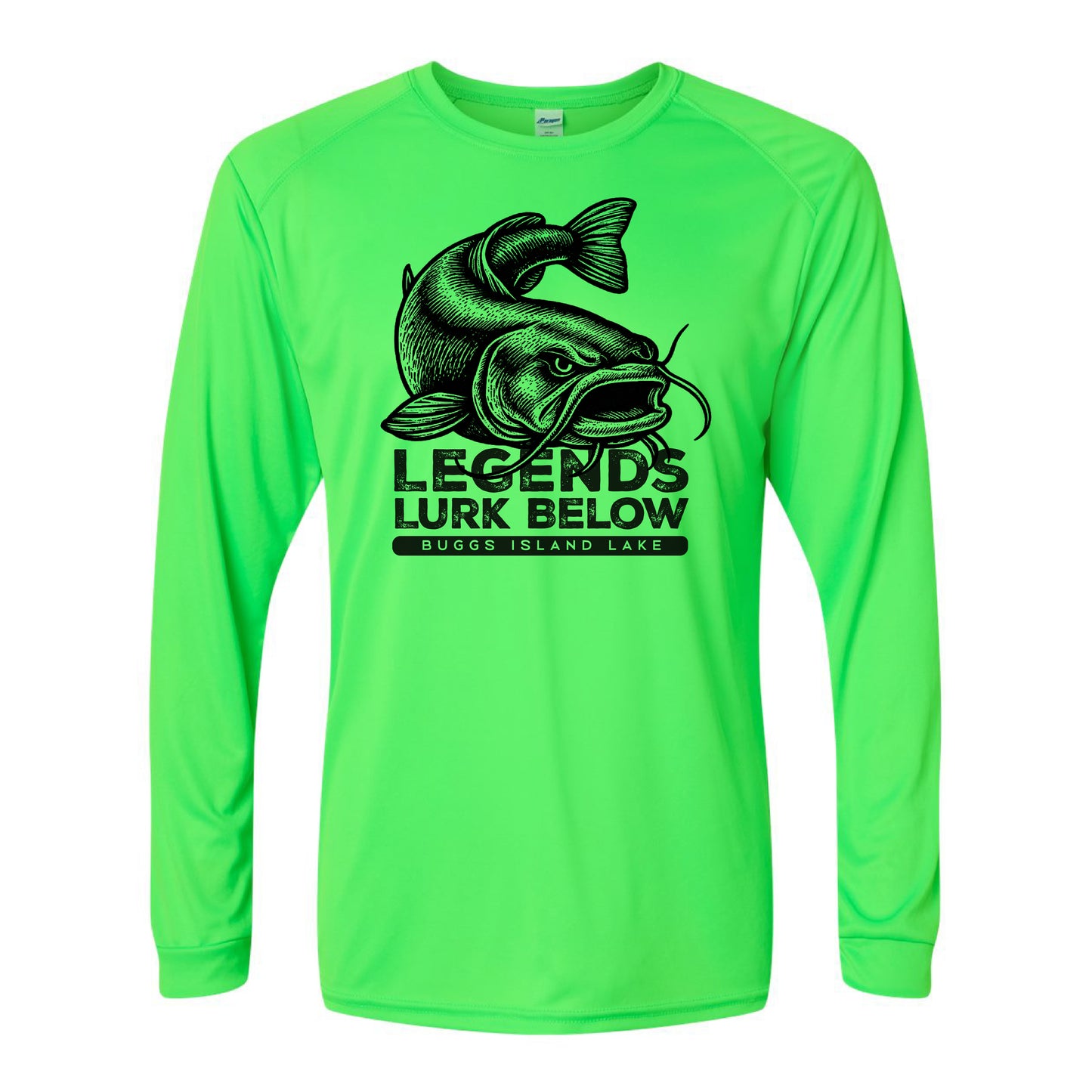 Neon green long-sleeve shirt with black catfish graphic and text on a white background