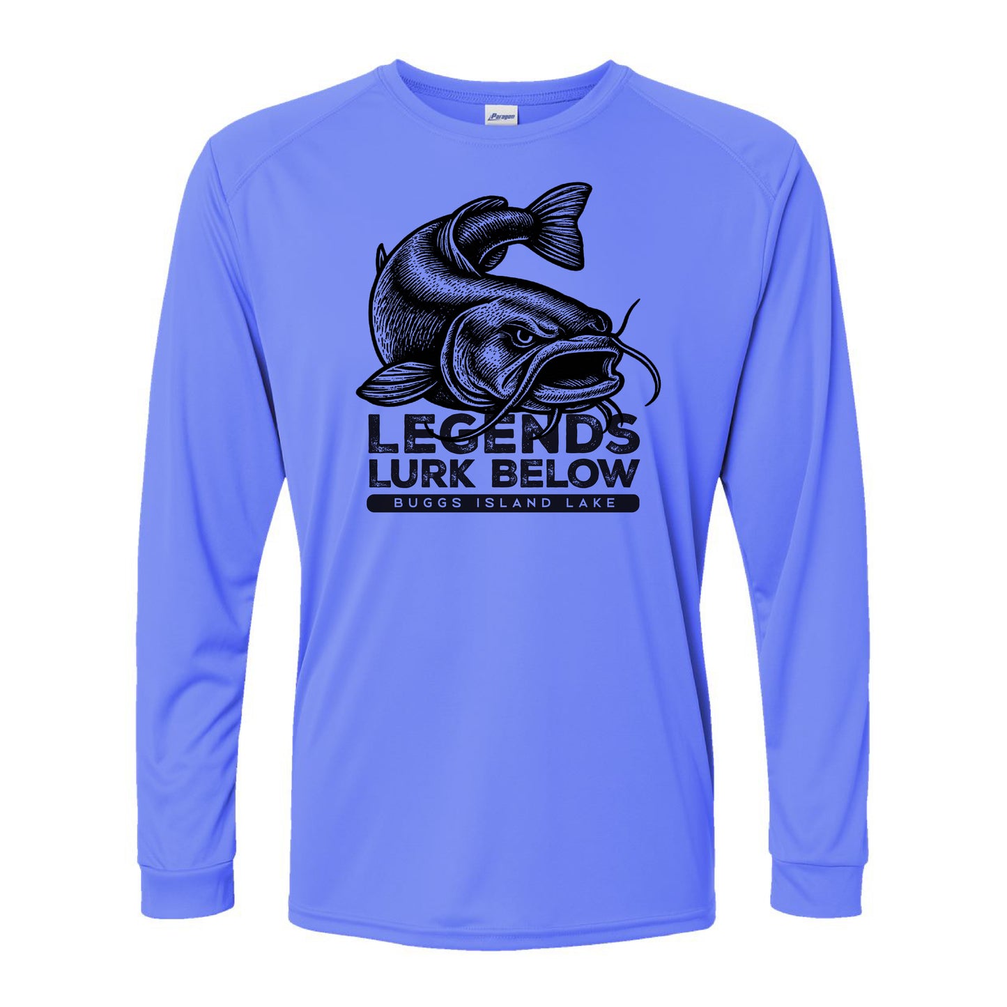 Blue long-sleeve shirt with black catfish graphic and text on a white background