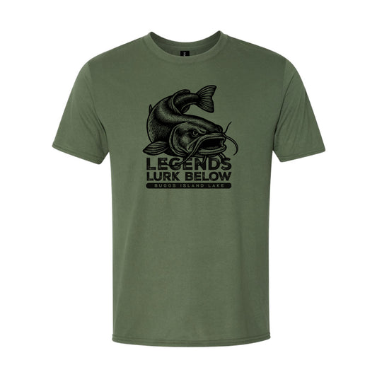 Green t-shirt with black catfish fish graphic and text on a white background