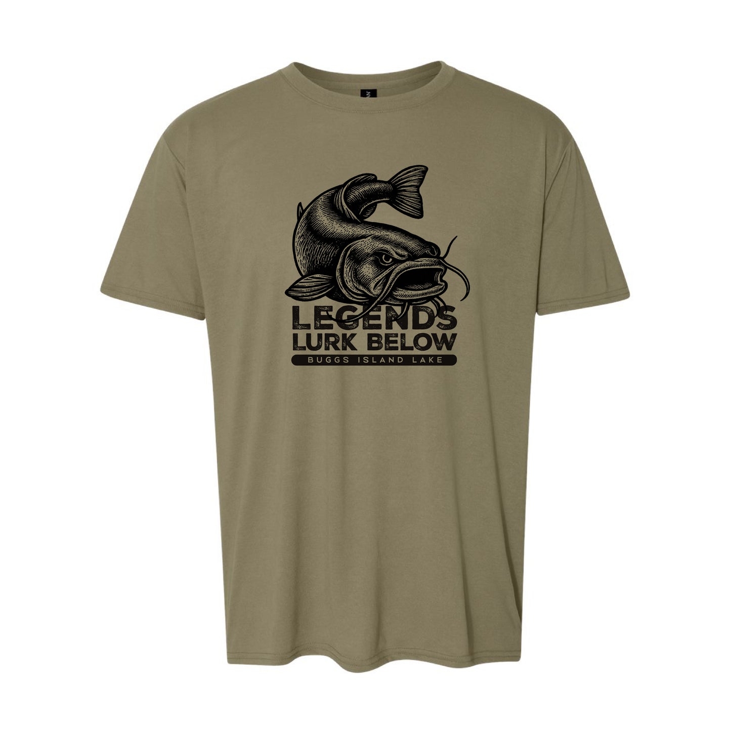 Olive t-shirt with black catfish graphic and text on a white background