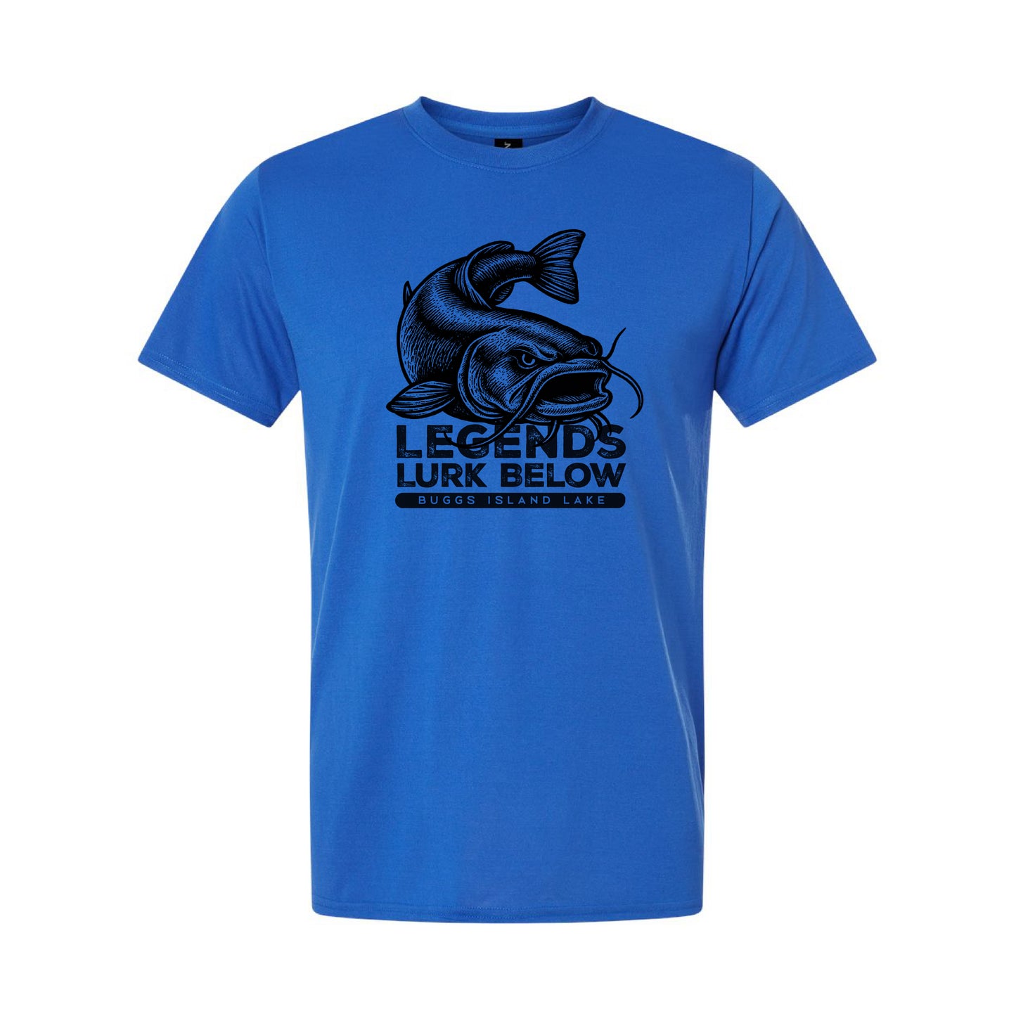 Blue t-shirt with black catfish fish graphic and text on a white background