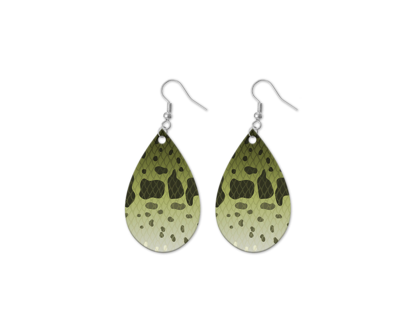 Teardrop-shaped earrings with green and brown speckled largemouth bass pattern on a white background