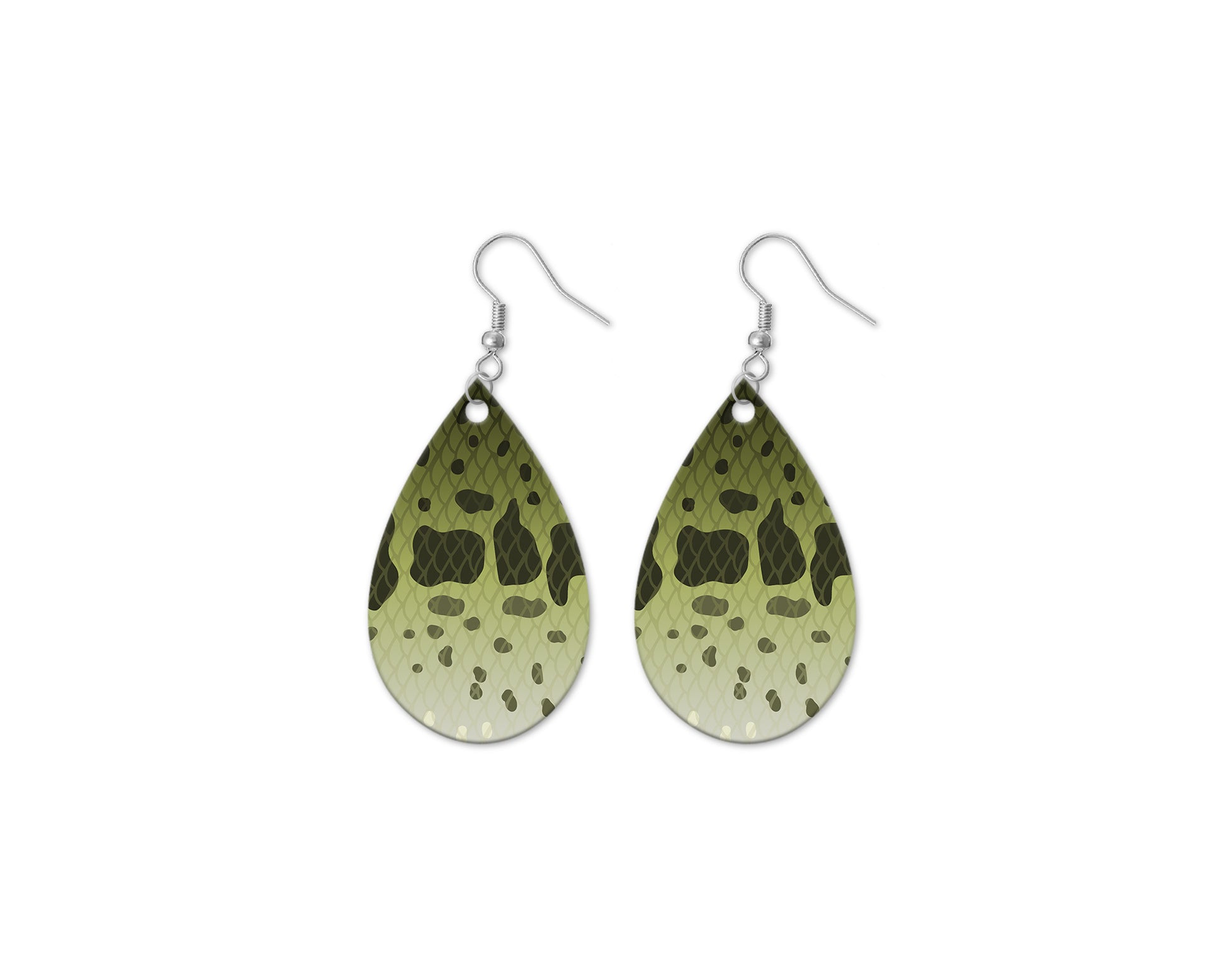Teardrop-shaped earrings with green and brown speckled largemouth bass pattern on a white background