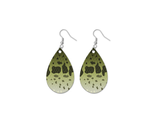 Teardrop-shaped earrings with green and brown speckled largemouth bass pattern on a white background