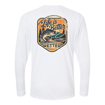 White long-sleeve shirt with a fishing graphic and text on a white background