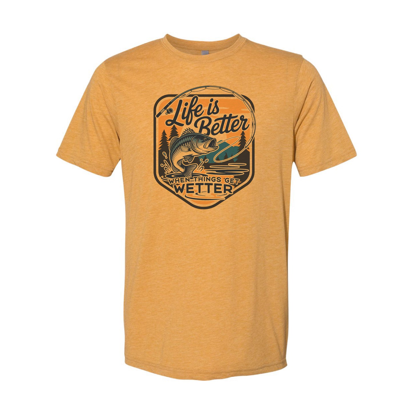 Yellow t-shirt with fishing graphic and text on a white background