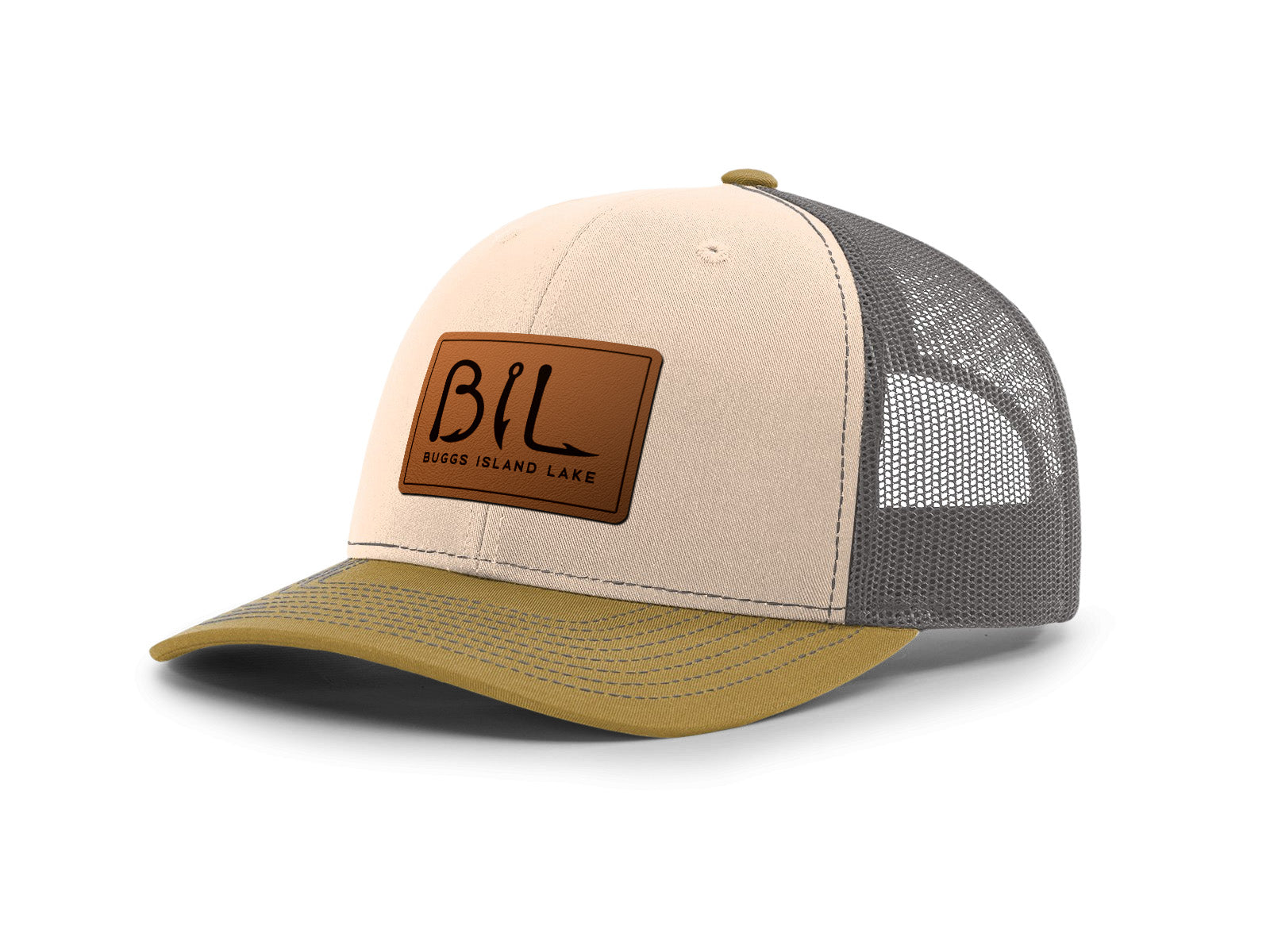 Trucker hat with beige front, gray mesh back, and brown leather "BIL" Buggs Island Lake patch on a white background