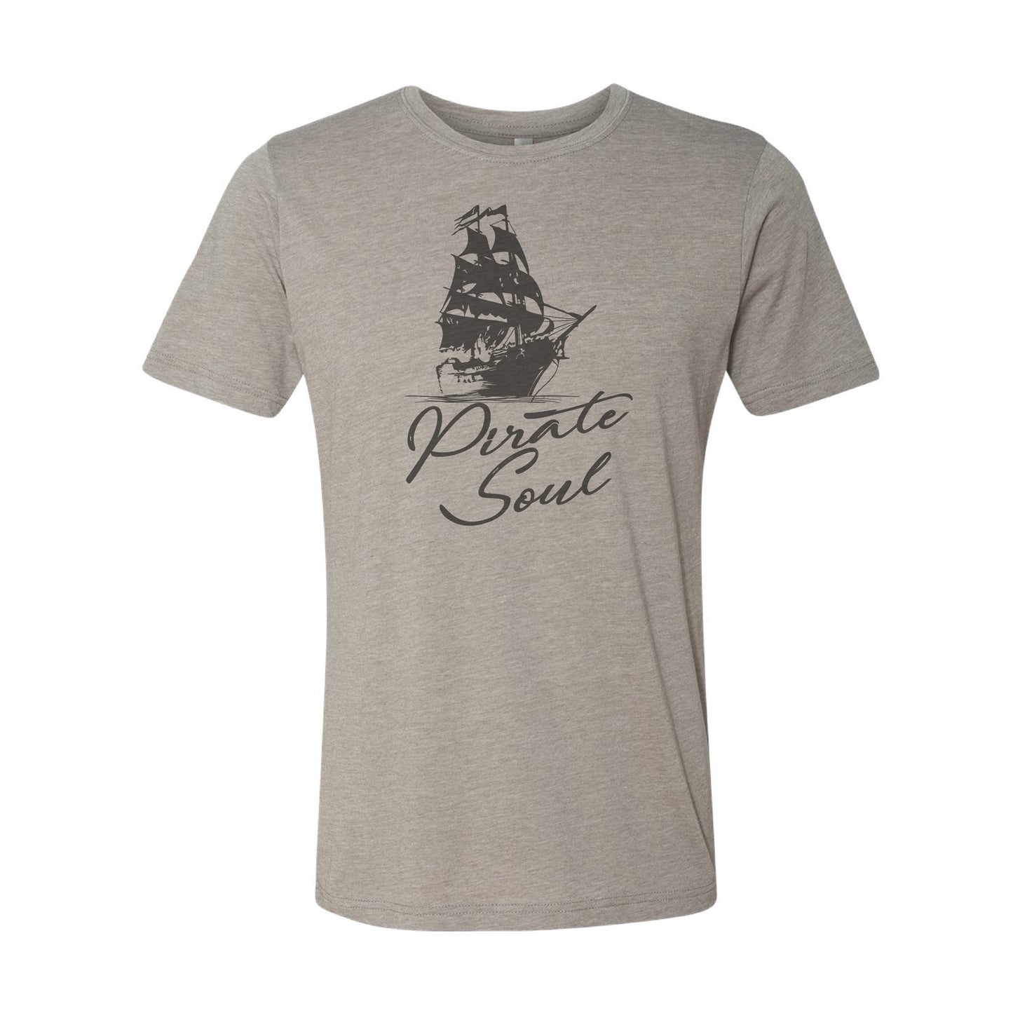 Gray t-shirt with a ship graphic and 'Pirate Soul' text on a white background