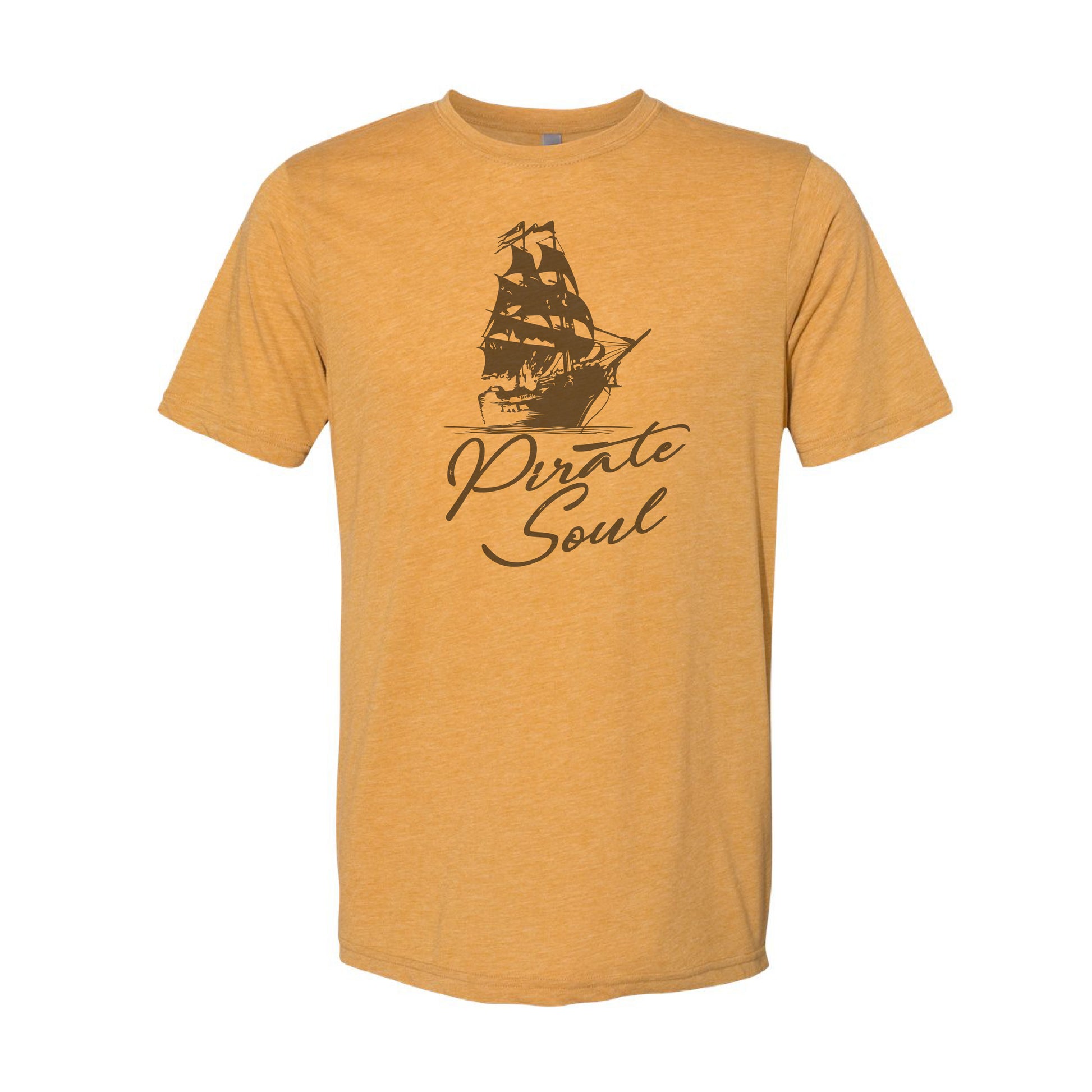 Mustard yellow t-shirt with a ship graphic and 'Pirate Soul' text on a white background
