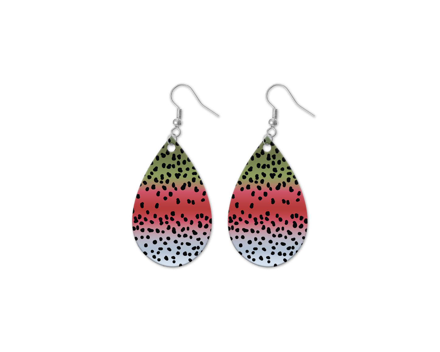 Teardrop-shaped earrings with a colorful rainbow trout gradient design on a white background