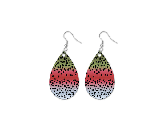 Teardrop-shaped earrings with a colorful rainbow trout gradient design on a white background