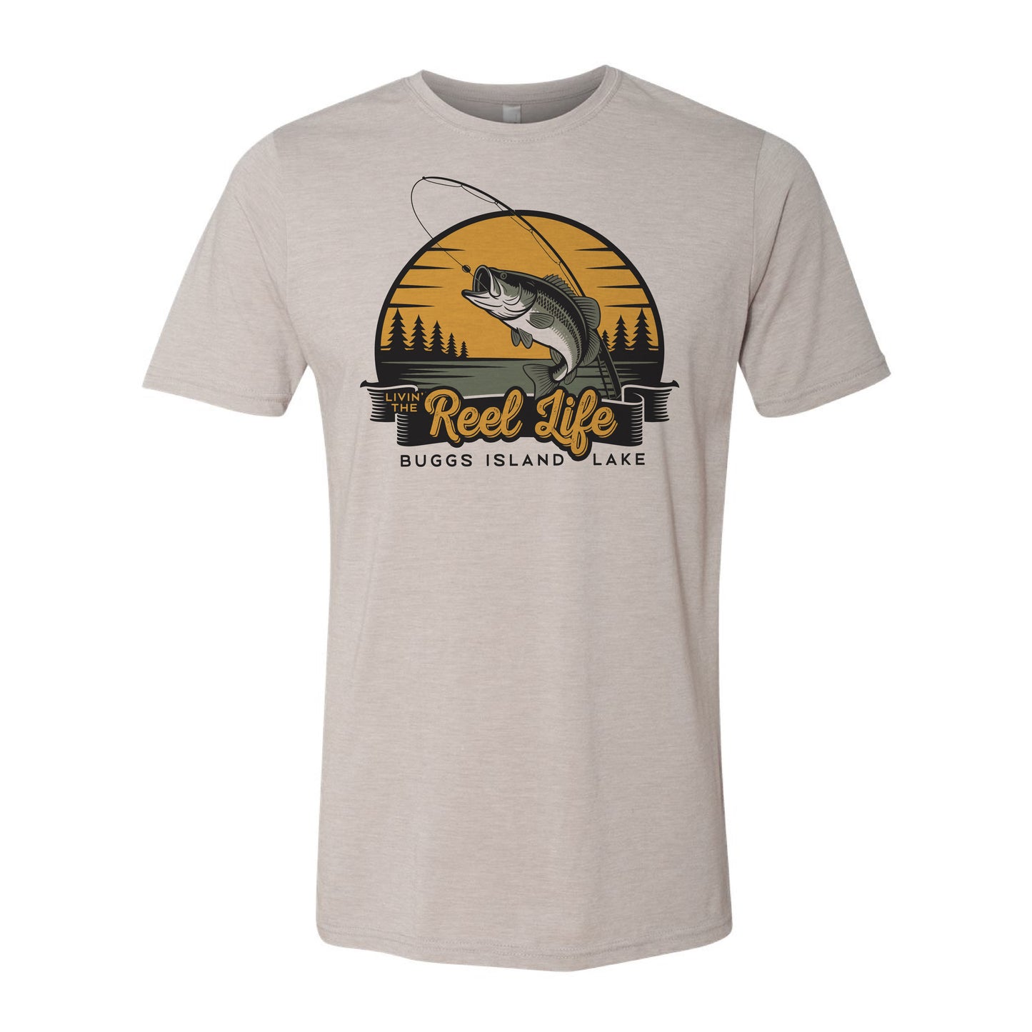 Gray t-shirt with 'Reel Life Buggs Island Lake' graphic design on a white background
