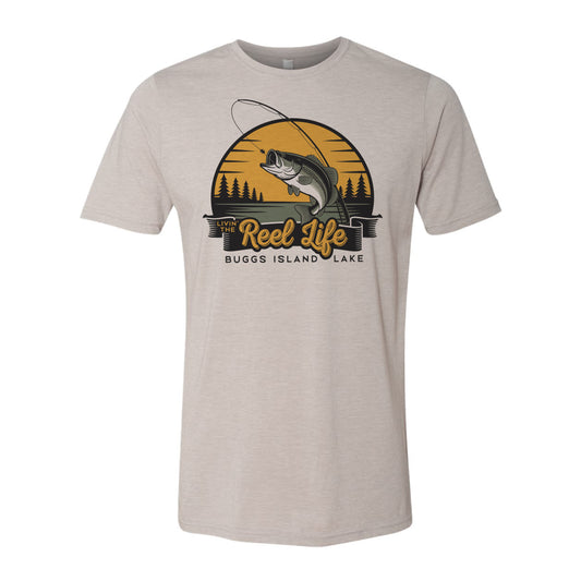 Gray t-shirt with 'Reel Life Buggs Island Lake' graphic design on a white background