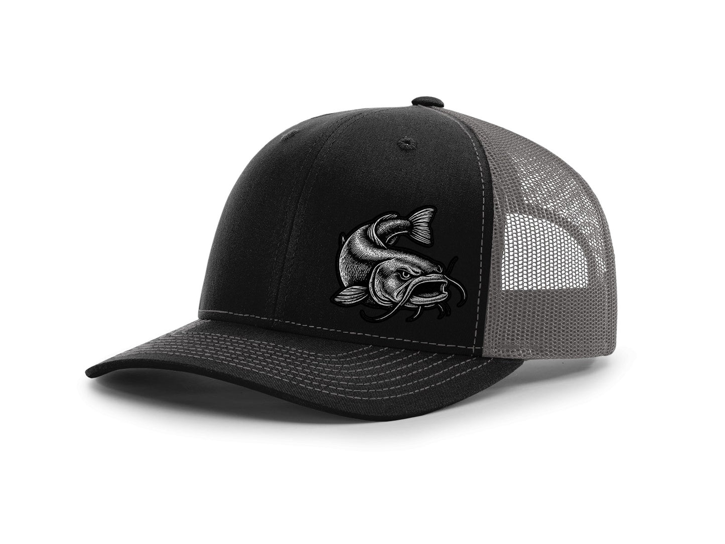 Black and gray cap with fish emblem on a white background