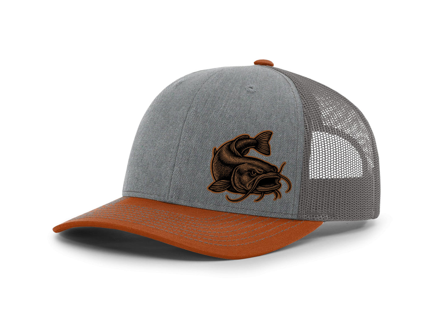 Gray and orange cap with a fish logo on a white background