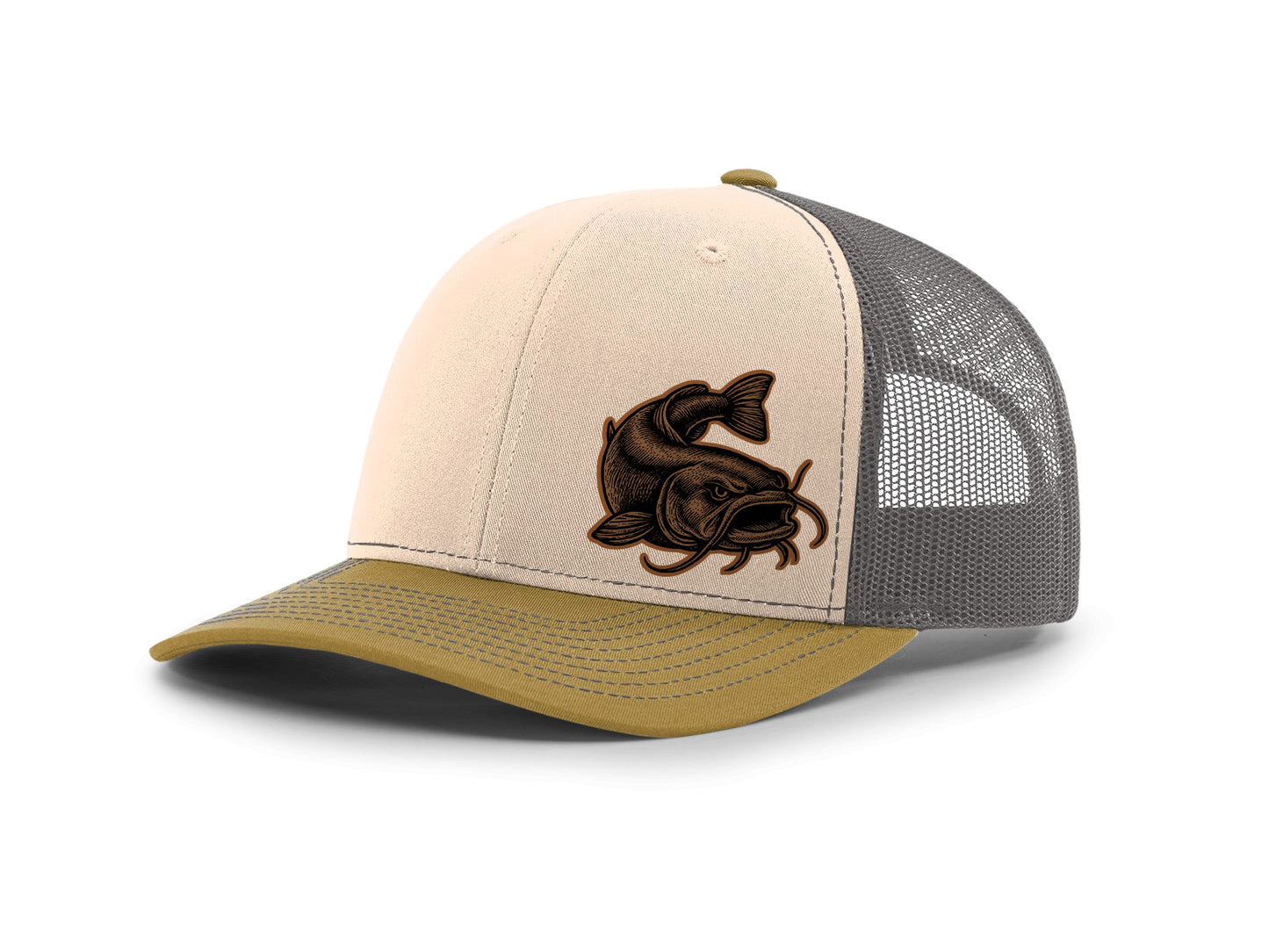 Trucker hat with a fish logo on a white background