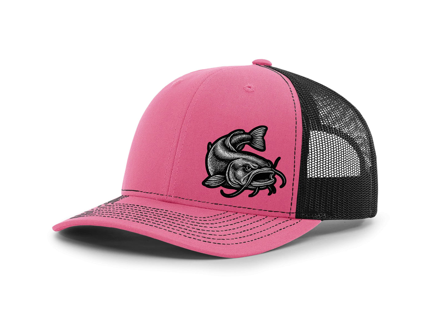 Pink and black trucker cap with a fish logo on a white background