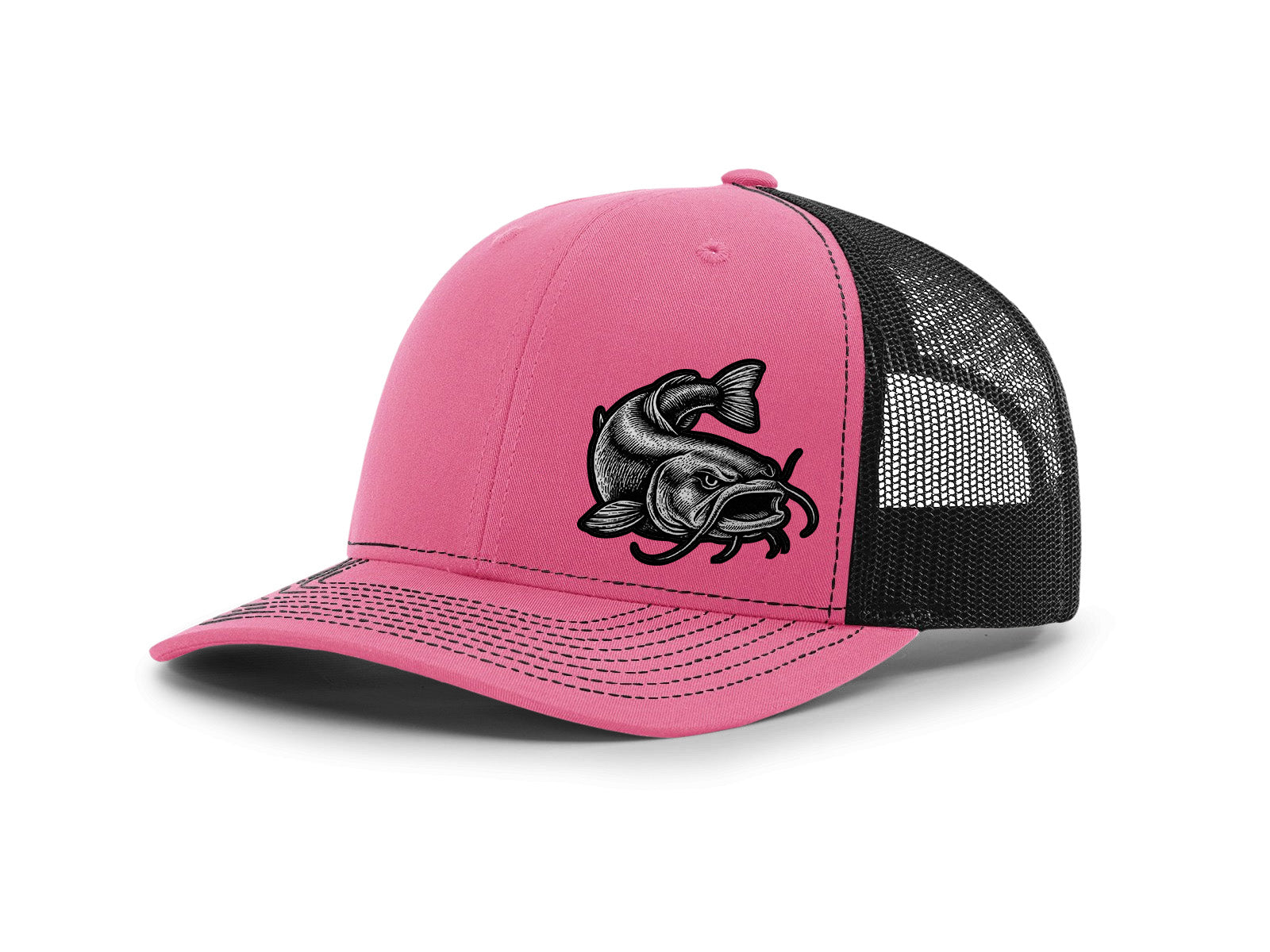 Pink and black trucker cap with a fish logo on a white background