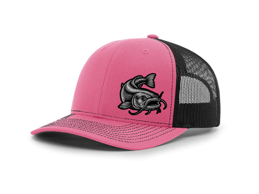 Pink and black trucker cap with a fish logo on a white background
