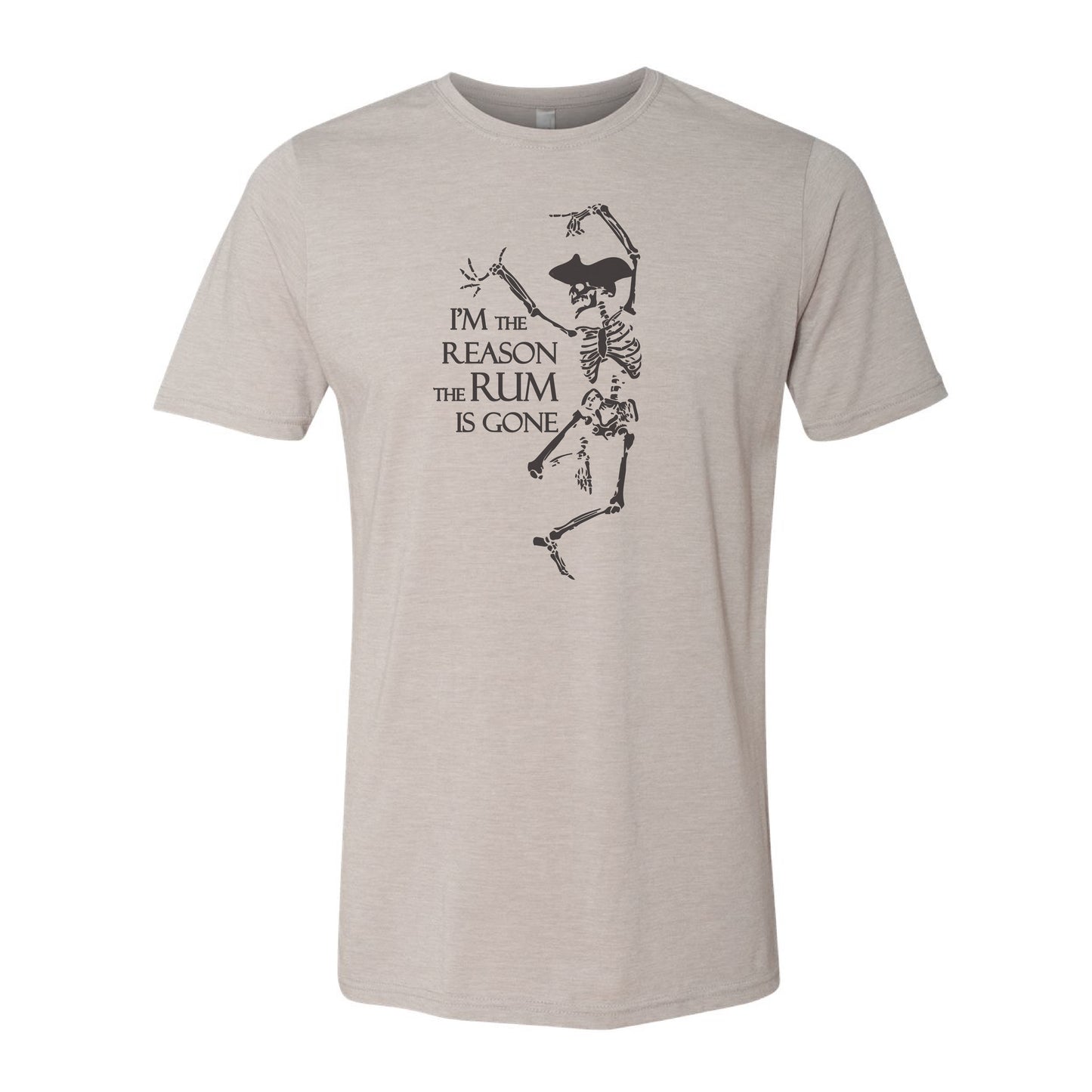 Beige t-shirt with skeleton graphic and text on a white background
