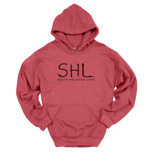 Red hoodie with 'SHL South Holston Lake' text on a white background