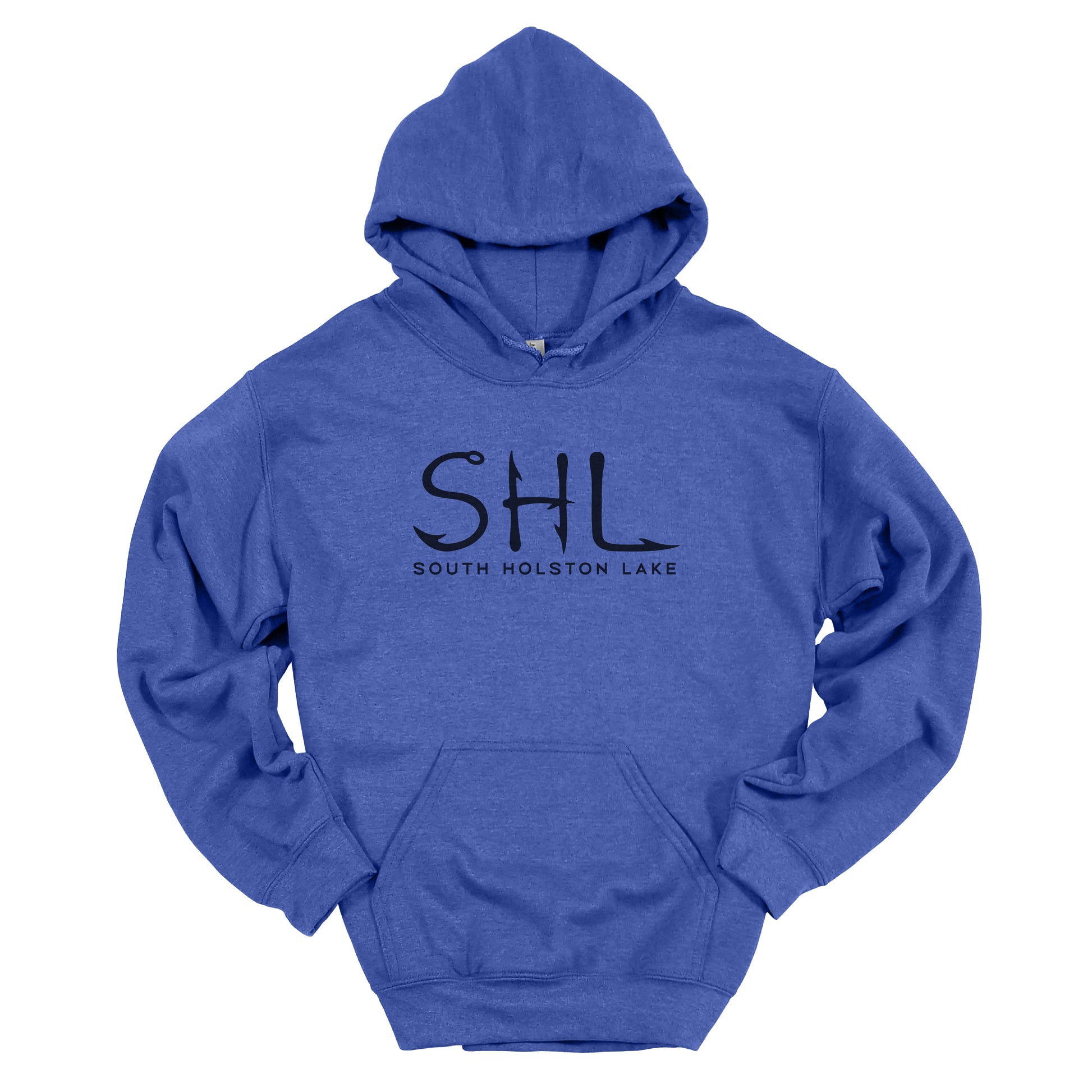 Blue hoodie with 'SHL South Holston Lake' text on a white background