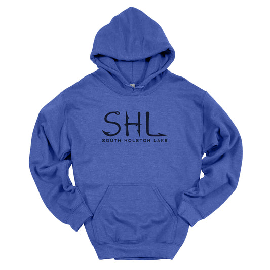 Blue hoodie with 'SHL South Holston Lake' text on a white background
