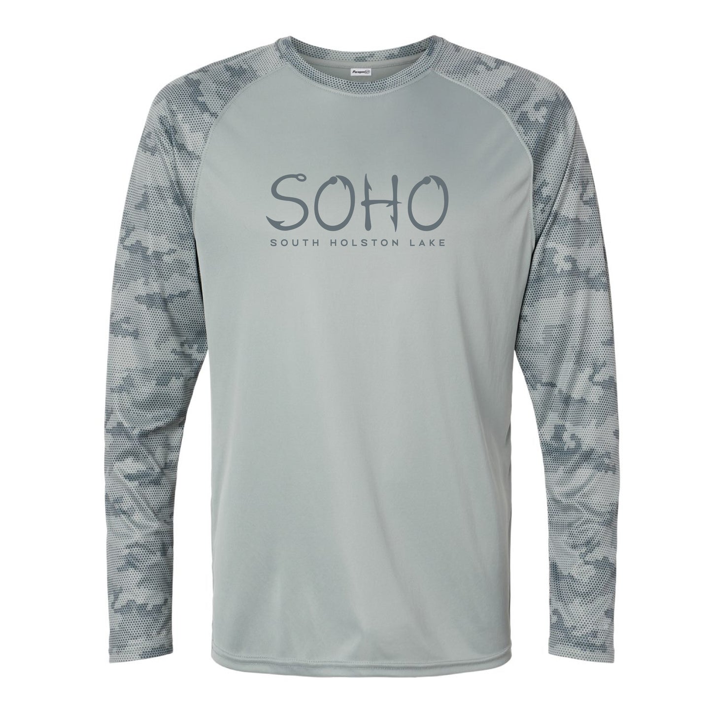 Gray long-sleeve shirt with camouflage sleeves and 'SOHO South Holston Lake' text on a white background