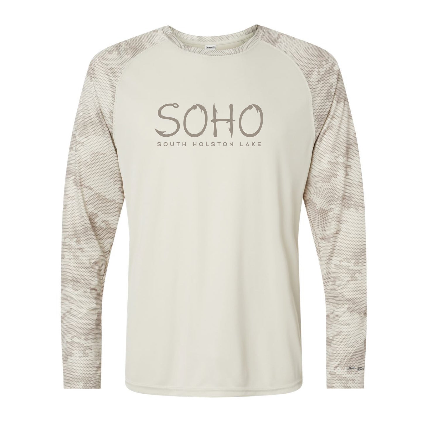 Long-sleeve shirt with 'SOHO South Holston Lake' text on a white background
