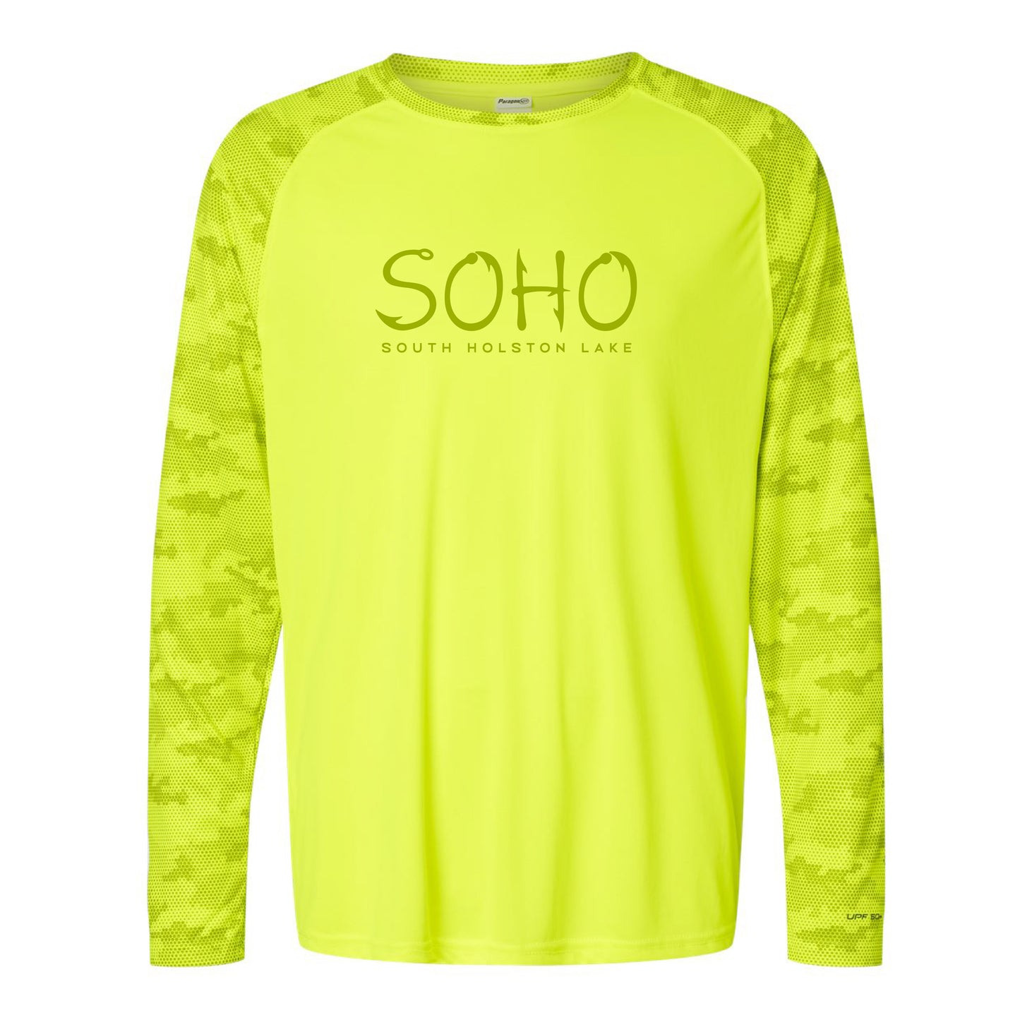 Yellow long-sleeve shirt with 'Soho' text on a white background