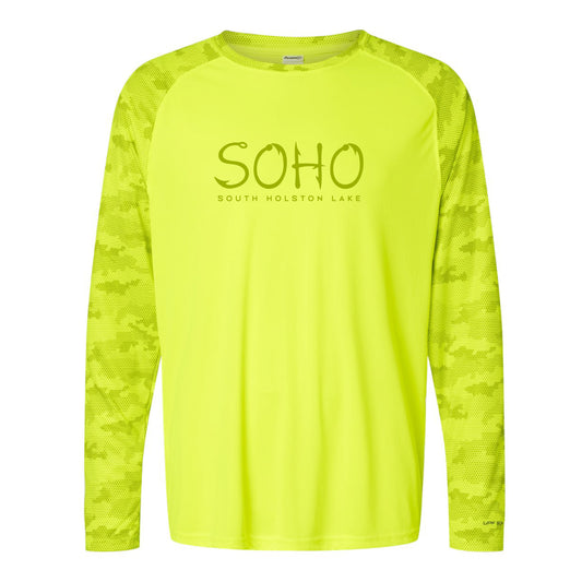 Yellow long-sleeve shirt with 'Soho' text on a white background