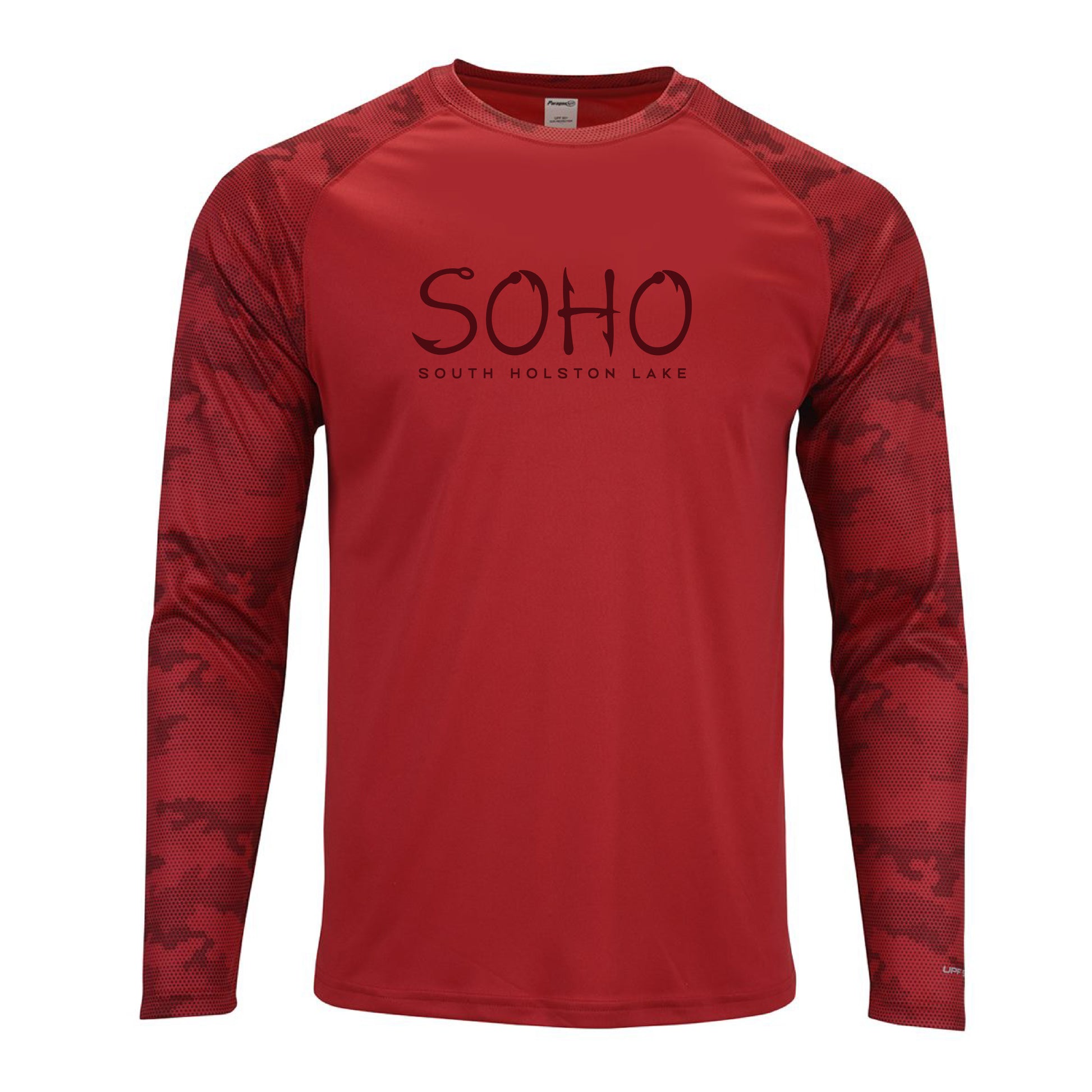 Red long-sleeve shirt with 'Soho South Holston Lake' text on a white background